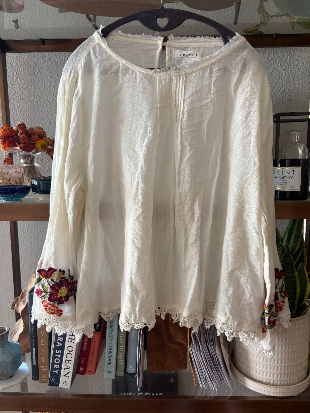 Velvet Cream Embroidered Blouse with Lace Hem